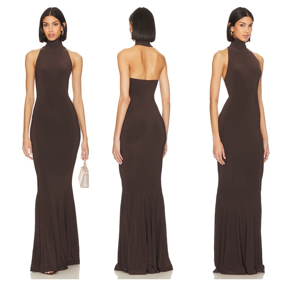 Norma Kamali Halter Turtle Fishtail Gown in Chocolate - Picture 2 of 6